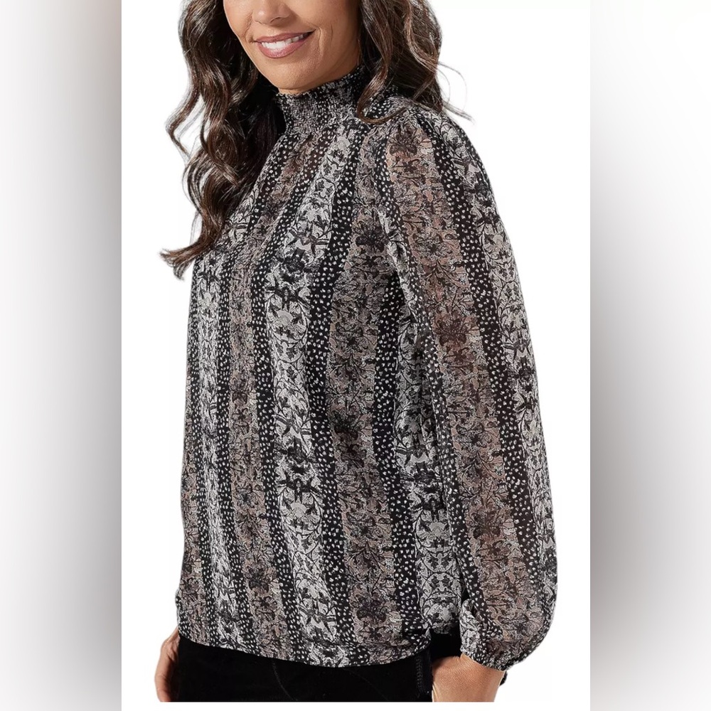 Susan‎ Graver Printed Chiffon Smocked Mock Neck Top